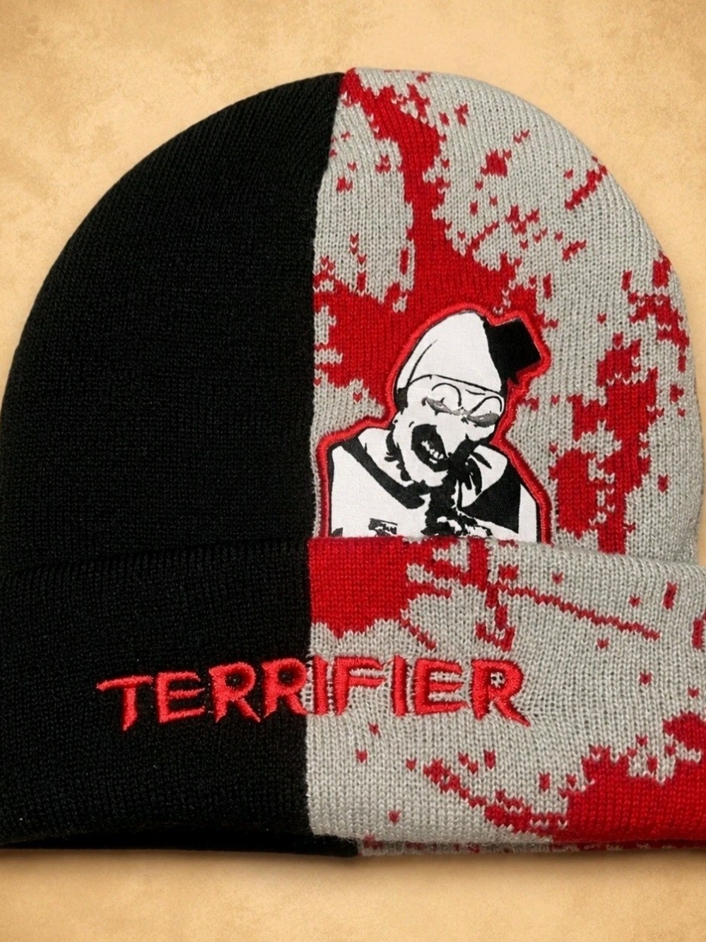 Terrifier Red & Black Knit Beanie Hat - Graphic Winter Cap